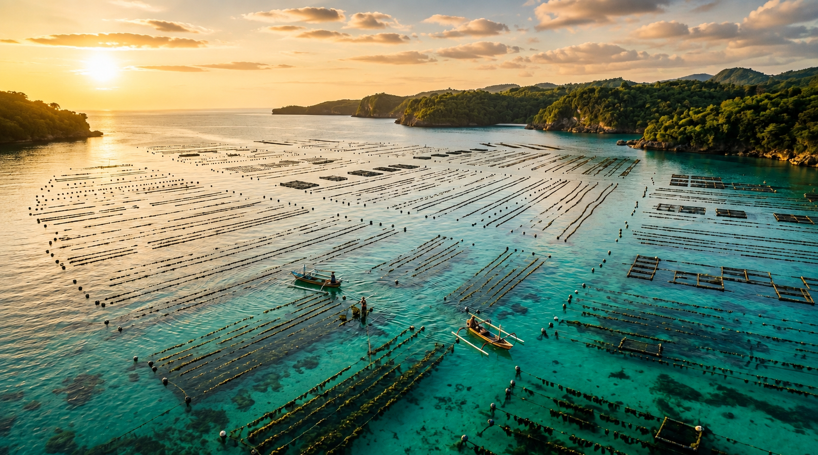 Aerial drone view of seaweed farming lines in turquoise coastal water