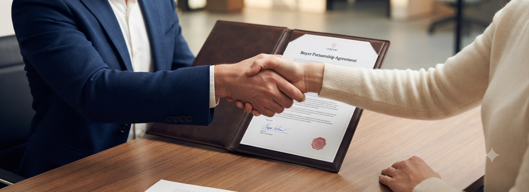 Buyer and partner shaking hands over a signed partnership agreement