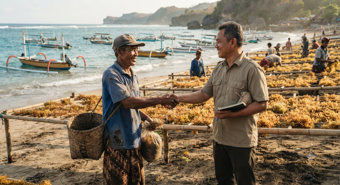 Export desk staff shaking hands with a farmer on the beach, sealing a direct sourcing agreement
