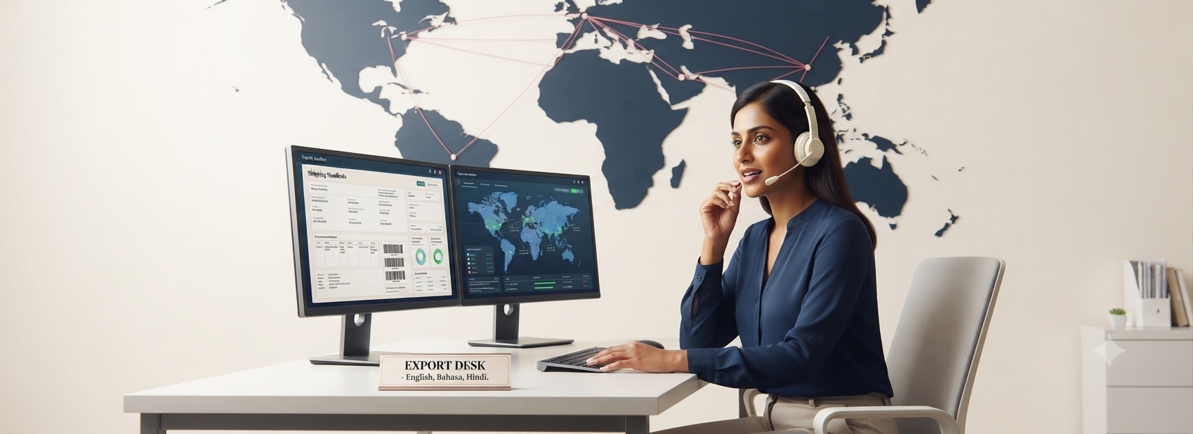 Export desk staff member coordinating shipments on a headset