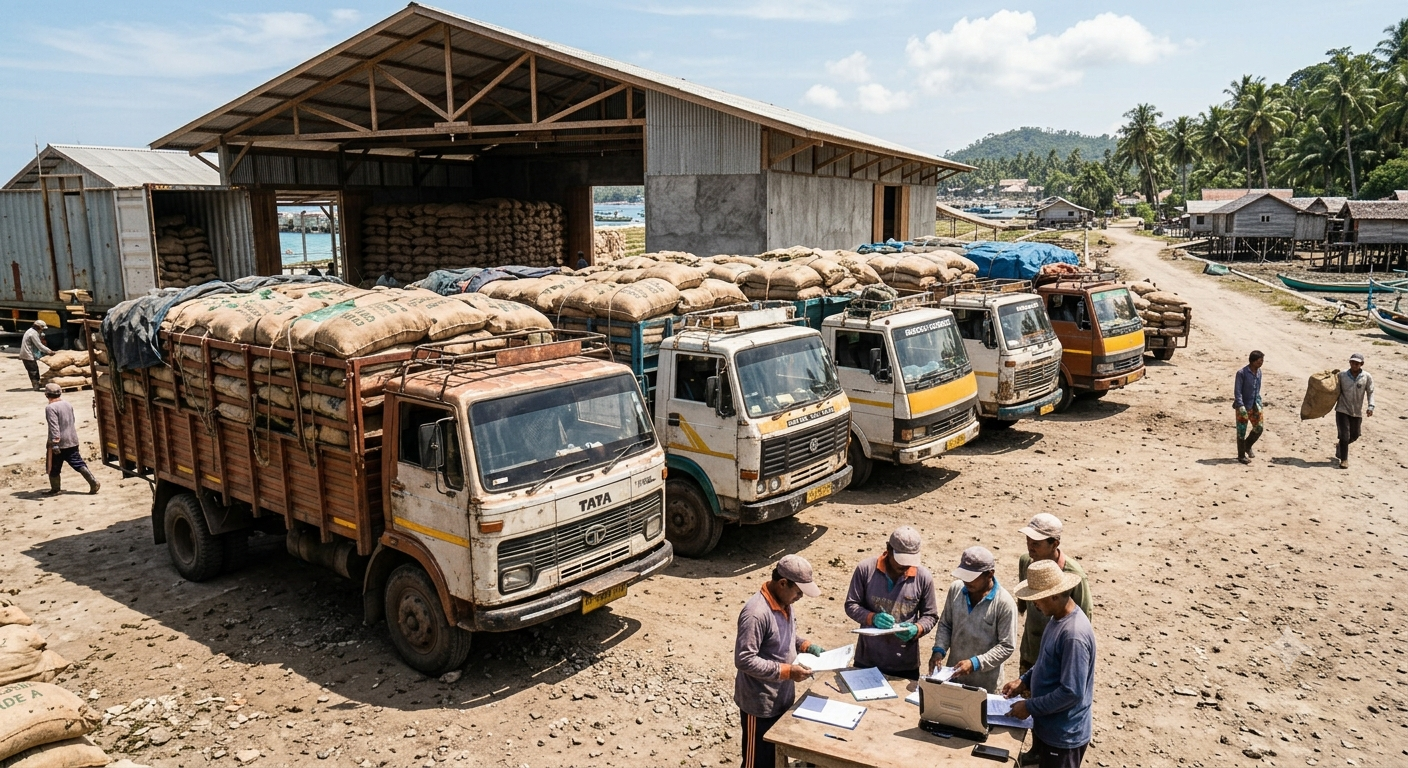 A line of loaded trucks queued at the warehouse while staff complete export documentation