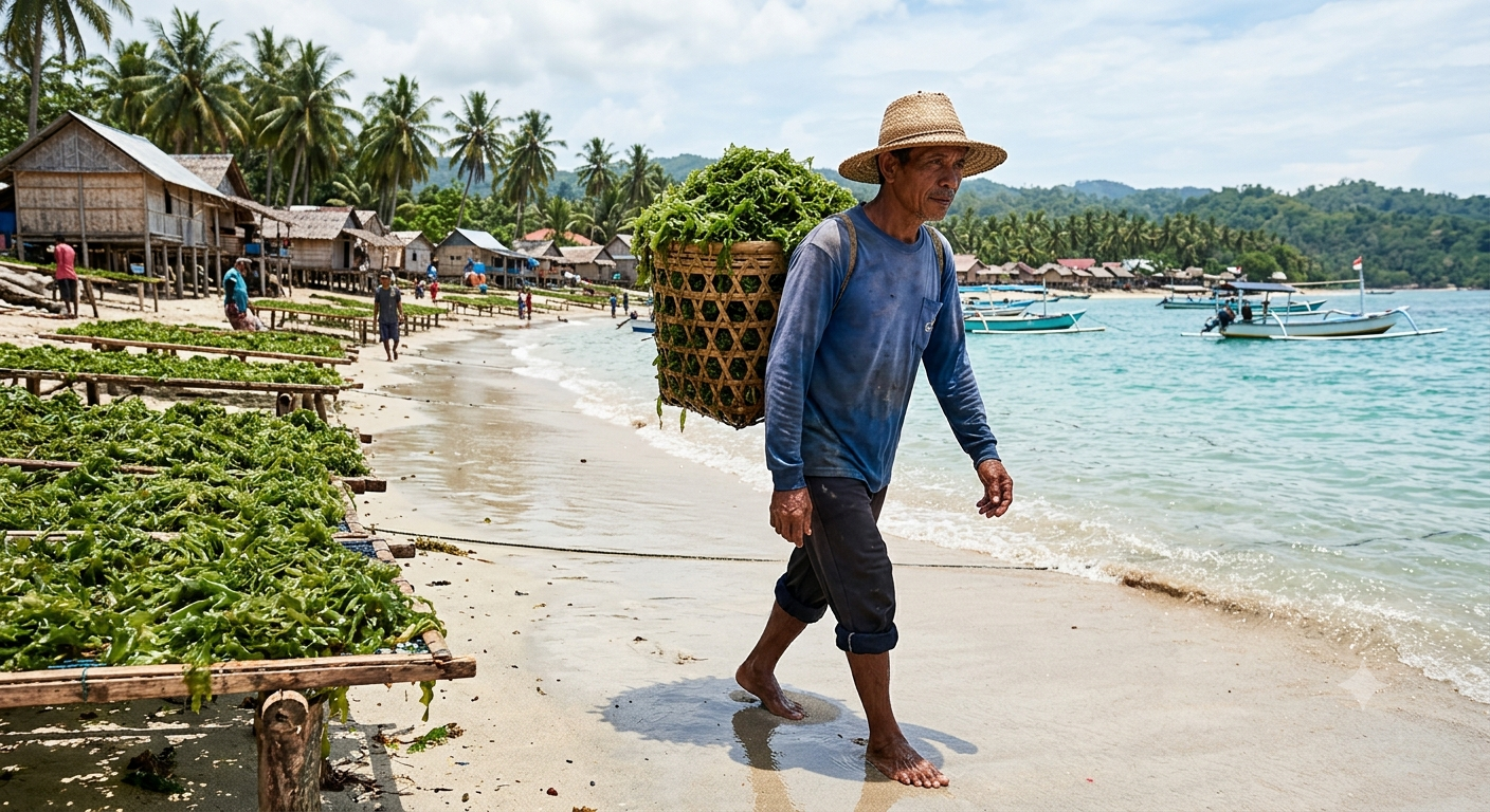 A farmer carrying a full basket of seaweed along the beach past the drying racks