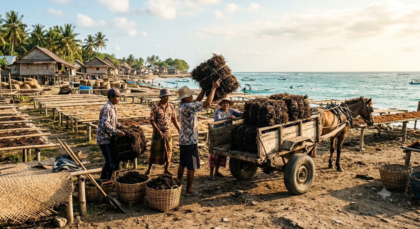 Farmers loading dried seaweed bundles onto a horse cart at sunrise