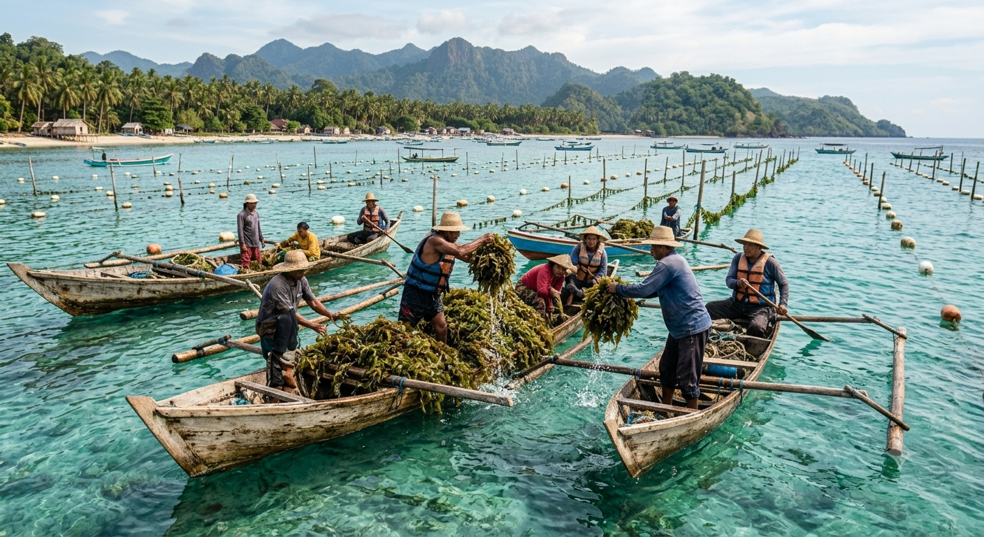 Farmers harvesting seaweed from cultivation lines at the farm site, several boats working the rows