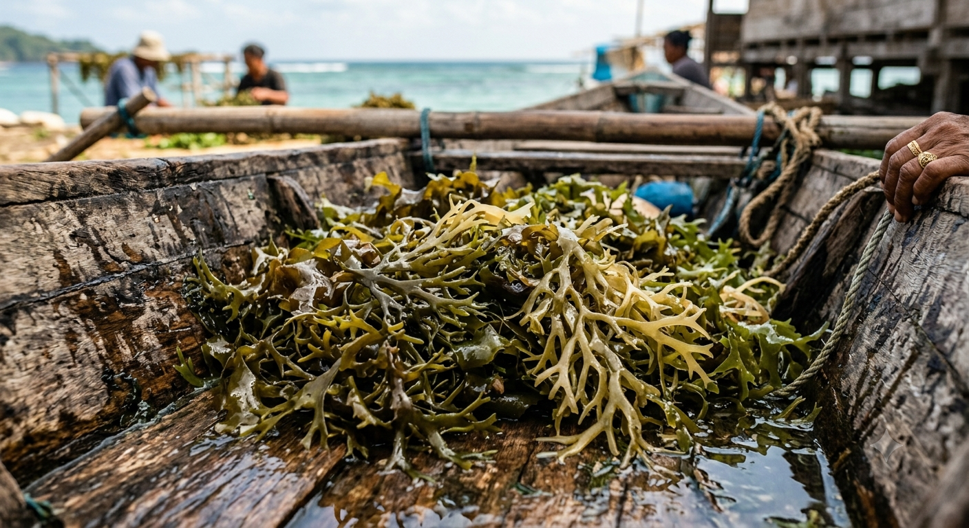Close-up of freshly harvested seaweed piled in the bottom of a wooden boat