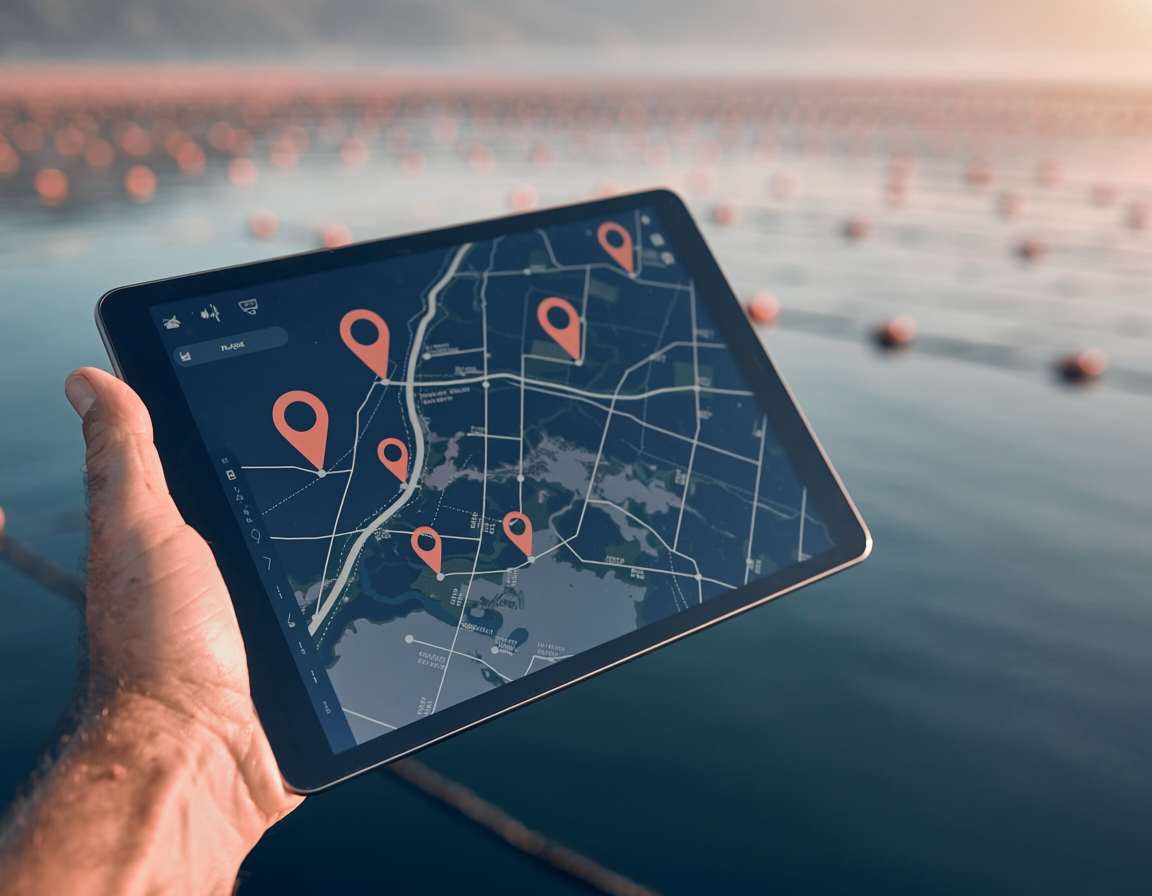 Hand holding a tablet displaying a GPS farm map