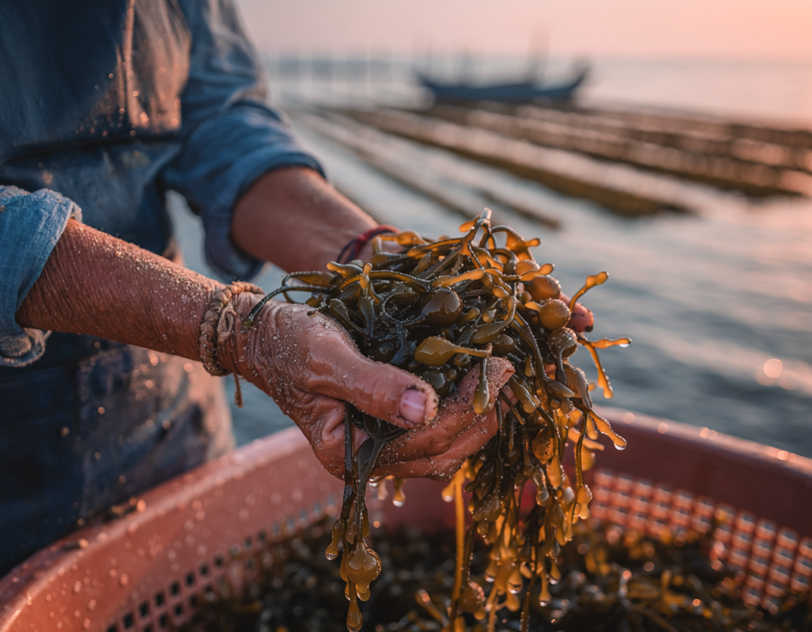 Farmer's hands holding freshly harvested seaweed