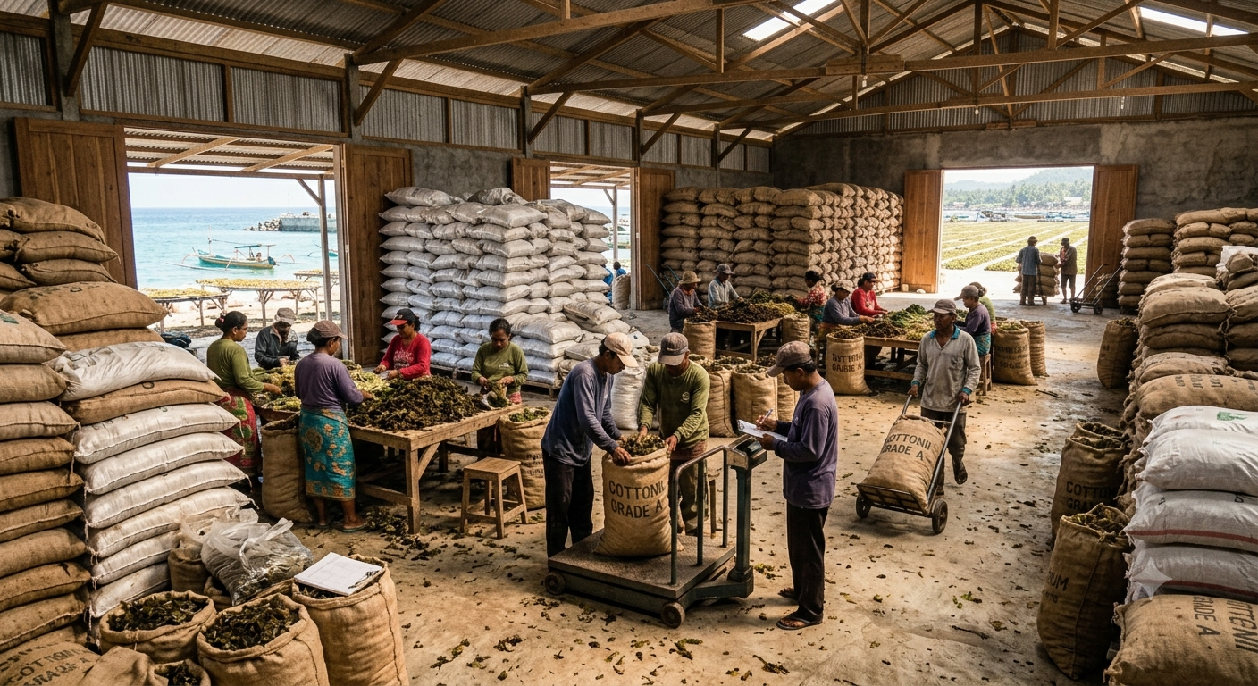 Interior of the warehouse with stacked sacks of graded seaweed ready for export